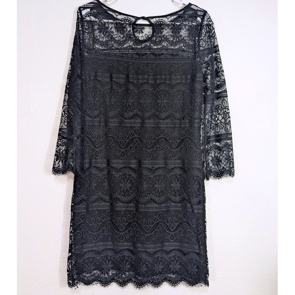 Chelsea & Violet Black Lace Shift Dress XS 3/4 Sleeve Scalloped Hem Cocktail - Picture 4 of 10